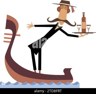 Homme chevauchant une gondole. Plateau avec une bouteille et deux verres. Homme de dessin animé en gondole porte un plateau avec boisson alcoolisée et verres Illustration de Vecteur