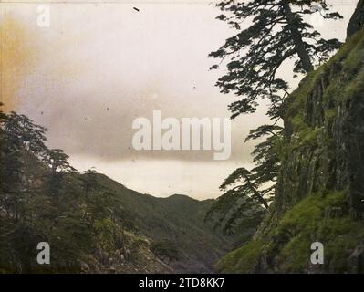 Massif de Taishan, Chine Duisongshan ('montagne face aux pins'), également appelé Wansongshan ('montagne de dix mille pins'), nature, Environnement, religion, Paysage, Mont, montagne, Taoïsme, pèlerinage, PIN, voie sacrée, végétation, botanique, Chantung, Tai Chan, panorama à mi-hauteur, Taishan (massif du), 09/06/1913 - 09/06/1913, Passet, Stéphane, photographe, 1913 - Chine - Stéphane Passet, Autochrome, photo, verre, Autochrome, photo, positif, horizontal, taille 9 x 12 cm Banque D'Images