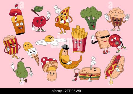 Ensemble de nourriture groovy. Collection drôle de fastfood à emporter, dessert et menu du petit déjeuner de personnages de nourriture étranges avec des visages comiques fous, autocollants rétro psychédéliques et emoji, illustration vectorielle de dessin animé Illustration de Vecteur