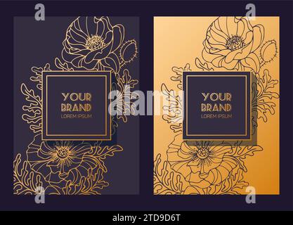 Ensemble d'or de fonds de luxe. Fleurs de coquelicot exquises Art nouveau. salons, cosmétiques, site web, invitations de mariage, flyer d'emballage. Cadre pour REME Illustration de Vecteur