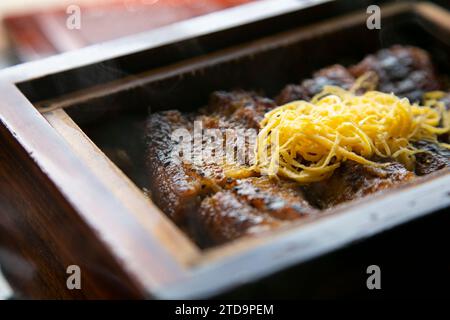 Unagi seiro mushi. Le bol de riz à l'anguille cuit à la vapeur est l'un des célèbres plats locaux de Yanagawa. Banque D'Images