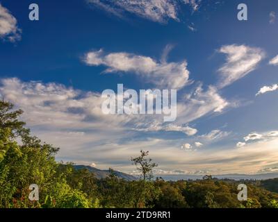Beaux nuages mous flottant sur les forêts andines orientales et les montagnes du centre de la Colombie, dans un coucher de soleil très paisible. Banque D'Images