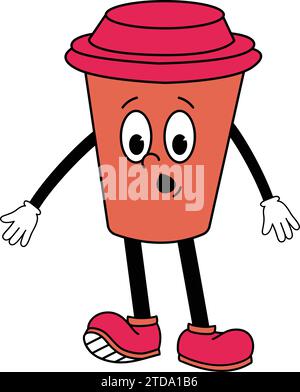 Personnage rouge de dessin animé avec une tasse de café. Tasse de papier café Cartoon Character stock Vector.plastic, amusant, prendre, latte, émotion, graphique, simple, plat, te Illustration de Vecteur