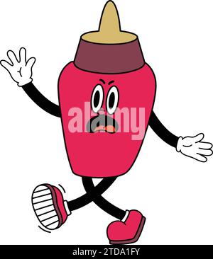 Personnage de dessin animé bouteille de sauce Chili personnage de dessin animé personnage.bouteille de sauce personnage de dessin animé avec visage sournois Vector.Spice, repas, savoureux, symbole, graphique. Illustration de Vecteur