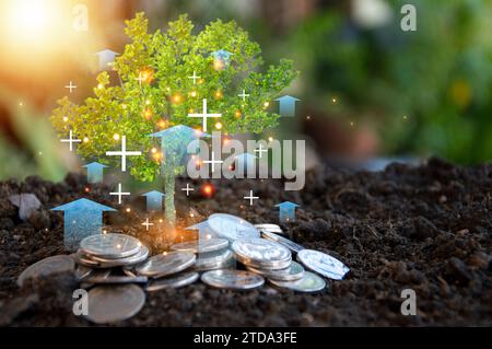 Le concept de la croissance comme un grand arbre planification et élaboration de stratégies sur le marché boursier, le progrès ou le succès d'un homme d'affaires investir dans le trading Banque D'Images