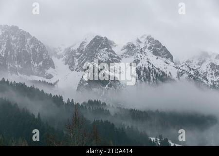 Chaîne de montagnes enneigées, épinettes vertes dans un épais brouillard au pied des montagnes. Autriche, Walchsee. Banque D'Images