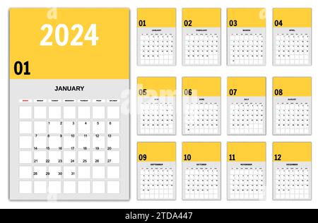 2024 Calendrier, planificateur. Modèle de calendrier annuel de début de dimanche Illustration de Vecteur
