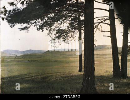 Entre Kiakhta et Ourga, Transbaïkalia, Mongolie steppe paysage, nature, Environnement, paysage, Mont, montagne, PIN, corps d'eau, Transbaïkalie, 01/07/1913 - 31/07/1913, Passet, Stéphane, photographe, 1913 - Mongolie, Mongolie - Stéphane Passet - (6-25 juillet), Autochrome, photo, verre, Autochrome, photo, positif, horizontal, taille 9 x 12 cm Banque D'Images