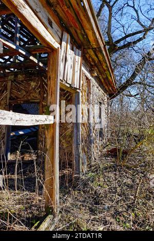 L'image montre une maison en bois abandonnée avec un toit effondré, entourée de végétation envahie et d'arbres. Banque D'Images