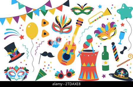 Clipart du carnaval de Pourim. Masques festifs, instruments de musique, chapeau de fête et confettis. Accessoires et accessoires, collection de vecteurs décents du festival juif Illustration de Vecteur