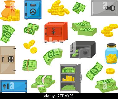 Coffres-forts pour de l'argent. Billets de banque en dollars verts et piles de pièces d'or. Coffres-forts de banque, entrepôts de dépôt et bocal en verre. Jeu de vecteurs néotériques Strongboxes Illustration de Vecteur