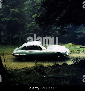 1970 Jaguar E-type Series 3, SWK582H, prototype 2+2 V-12, sur piste boisée isolée dans un environnement forestier atmosphérique, tôt le matin ou le soir. Banque D'Images