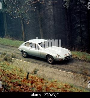 1970 Jaguar E-type Series 3, SWK582H, prototype 2+2 V-12, sur piste boisée isolée dans un environnement forestier atmosphérique, tôt le matin ou le soir. Banque D'Images