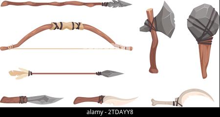 Arme préhistorique. Outils en bois et en pierre pour les gens primitifs des grottes exactes illustrations de dessins animés vectoriels Illustration de Vecteur