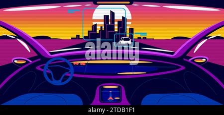 À l'intérieur de la voiture intelligente. Détendez-vous la conduite autonome dans l'intérieur futuriste de la voiture, écrans de tableau de bord panneau numérique du véhicule sans pilote de salon automobile, illustration vectorielle de vision de jeu du pilote automatique autonome Illustration de Vecteur