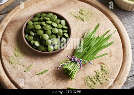 Brins d'herbe d'orge vert frais avec de la poudre sèche et des comprimés Banque D'Images