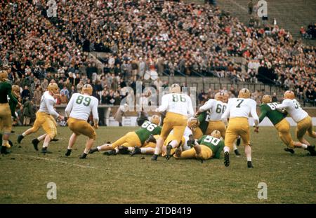 SOUTH BEND, IN - AVRIL 16 : l'équipe des anciens de notre Dame (blanc) joue contre l'équipe universitaire de notre Dame (vert) lors d'un match des anciens le 16 avril 1957 au notre Dame Stadium à South Bend, Indiana. (Photo de Hy Peskin) Banque D'Images