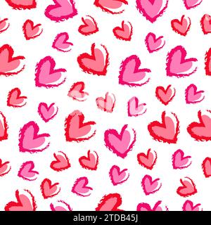 Modèle sans couture romantique avec de mignons coeurs roses sur un fond blanc. Comme le dessin d'un enfant. Expression de sentiments d'amour et de sympathie. Conception de motifs Illustration de Vecteur