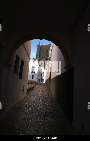 Rue pavée étroite et façades de la ville de Ronda, Malaga, Espagne Banque D'Images