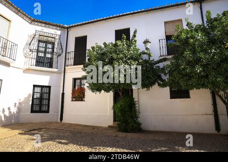 Rue pavée étroite et façades de la ville de Ronda, Malaga, Espagne Banque D'Images