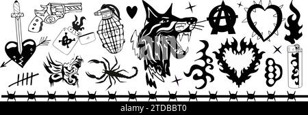 Y2K années 2000 punk grunge set éléments tattoo.Gangster, Doberman, anarchie. Old School tatto. Illustration vectorielle Illustration de Vecteur