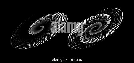 Jeu de spirales de vitesse de demi-teinte. Lignes pointillées tournantes blanches en perspective. Éléments de tourbillon à points radiaux pour logo, impression, affiche, modèle, icône, bannière. Illustration de la technologie ronde. Paire de vecteurs Illustration de Vecteur