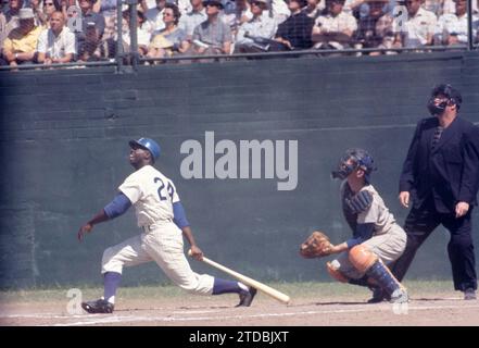 MESA, AZ - AVRIL 1962 : Lou Brock #24 des Cubs de Chicago saute sur un terrain lors d'un match d'entraînement de pré-saison MLB contre les Dodgers de Los Angeles vers avril 1962 à Mesa, Arizona. (Photo de Hy Peskin) *** Légende locale *** Lou Brock Banque D'Images