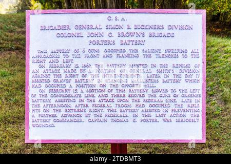 Plaque d'information sur la position des troupes de la C.S.A. au champ de bataille national de fort Donelson à Dover, Tennessee. Banque D'Images