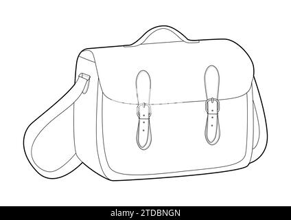 Sac silhouette sacoche Satchel. Illustration technique accessoire de mode. Vector satchel vue avant 3-4 pour hommes, femmes, style unisexe, sac à main plat maquette CAD esquisse contour isolé Illustration de Vecteur