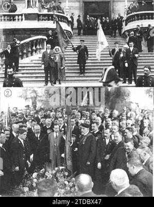 05/01/1917. Le 2 mai à Bilbao. 1.-les drapeaux des sites en quittant la mairie avec la procession civique qui est allée au cimetière. 2.-M. Palomo prononçant un discours devant le Panthéon des héros. Crédit : Album / Archivo ABC / Espiga Banque D'Images