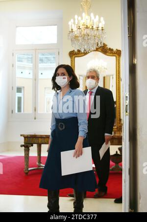 Madrid, 03/10/2021. Conférence de presse de la présidente de la CAM Isabel Díaz Ayuso après avoir signé un décret pour convoquer des élections anticipées. Photo : Jaime García. ARCHDC. Crédit : Album / Archivo ABC / Jaime García Banque D'Images