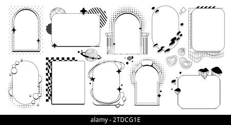 Cadres arqués noirs Retrowave isolés sur fond blanc. Illustration vectorielle de fenêtre futuriste rétro, porte, frontières de porte avec des étoiles, des points, des lignes, des éléments de conception abstraits, bannière vintage y2k Illustration de Vecteur