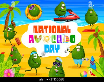 Bannière Avocado Day avec des personnages amusants d'avocat mexicain de dessin animé, fond vectoriel. Heureux avocats sur la plage d'été au voyage en mer avec cocktail, jouer au volley-ball ou yoga méditation et sport gym Illustration de Vecteur
