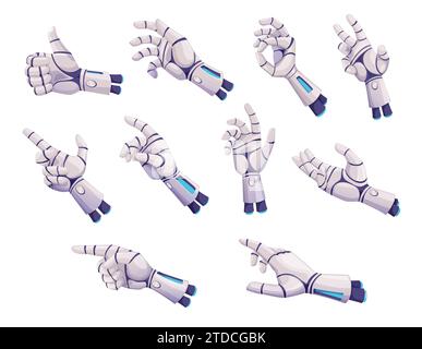 Mains ou bras de robot. Technologie artificielle d'avenir, prothèse mécanique droïde cyborg. Mains robotisées de vecteur de dessin animé montrant les pouces vers le haut et le geste OK, pointant, appuyant sur le bouton, tenant quelque chose Illustration de Vecteur