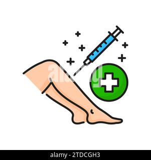 Injection dans une veine dans la jambe, chirurgie de sclérothérapie médicale, injection et icône de ligne de couleur de signe croisé. Intervention médicale pour le traitement des varices vectorielles Illustration de Vecteur