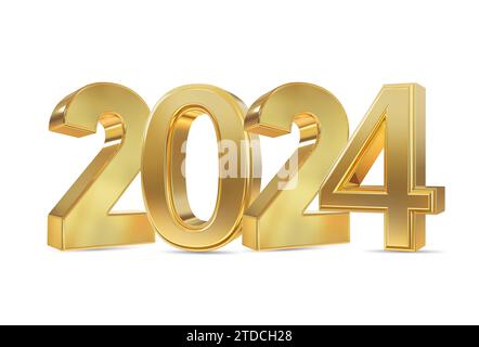 Fond de vacances bonne année 2024. Numéros de l'année 2024 en or isolé sur fond blanc avec chemin de détourage. Célébration du nouvel an Banque D'Images