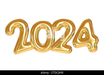 Fond de vacances bonne année 2024. Numéros de l'année 2024 en or isolé sur fond blanc avec chemin de détourage. Célébration du nouvel an Banque D'Images