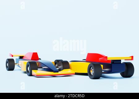 illustration 3d d'une voiture colorée de jouets de course sur le fond isolé bleu. Banque D'Images