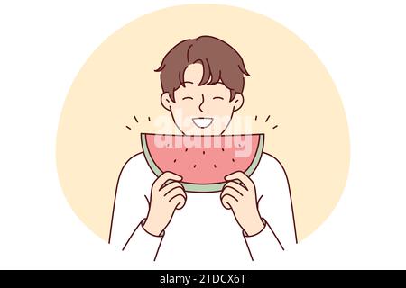 Jeune homme souriant mangeant de la pastèque. Un bon gars vous propose une tranche de fruits frais. Nutrition et fruits d'été. Illustration vectorielle. Illustration de Vecteur