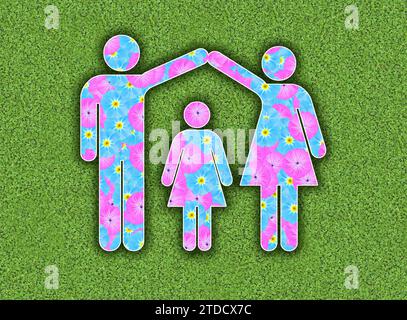 Pictogramme famille, homme et femme avec une fille, un enfant, avec motif floral sur fond vert, graphique Banque D'Images