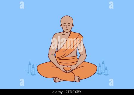 Manah bouddhiste médite assis en position lotus dans le temple tibétain pour atteindre l'harmonie spirituelle. L'ermite bouddhiste est assis seul souhaitant comprendre la véritable illumination grâce à l'idéologie zen Illustration de Vecteur