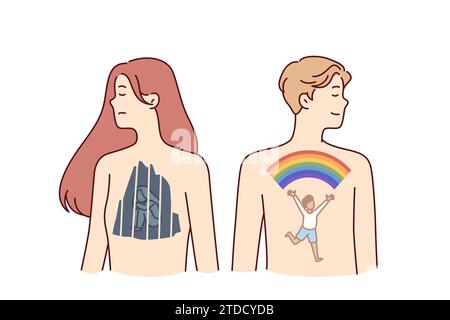 Homme et femme avec des mondes intérieurs et des États d'esprit différents qui affectent la santé psychologique. Petit enfant pleurant dans l'âme de fille et garçon joyeux dans l'âme de gars évoquent différentes émotions ou comportements Illustration de Vecteur