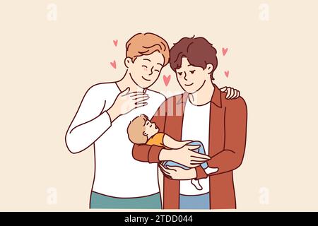 Couple gay de deux hommes tient l'enfant dans les mains et sourit, se réjouissant de la présence de la loi donnant le droit d'adopter des enfants. La famille gay admire bébé endormi, pour le concept de parentalité pour les personnes LGBT Illustration de Vecteur