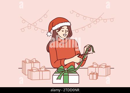 La femme de Noël fait des cadeaux avec ses propres mains, se réjouissant à l'approche des vacances du nouvel an. Fille dans le chapeau de père noël préparant la boîte-cadeau de noël pour les amis ou les membres de la famille et faisant l'arc à partir du ruban Illustration de Vecteur