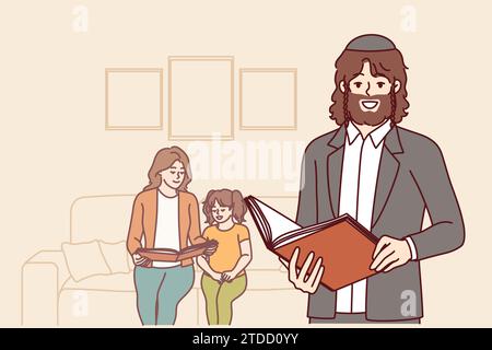 Homme juif orthodoxe se tient près de sa femme et de sa fille et tient le livre de la bible avec des prières dans les mains. Religieux barbu juif mec en kippah sourit et regarde l'écran, situé dans l'appartement Illustration de Vecteur