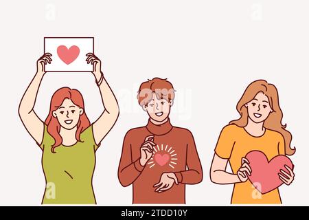 Cœurs dans les mains des gens montrant la gratitude symbole et la charité, appelant les gens à devenir bénévoles. Guy et deux adolescentes participent à un événement caritatif ou vous souhaitent une bonne Saint-Valentin Illustration de Vecteur