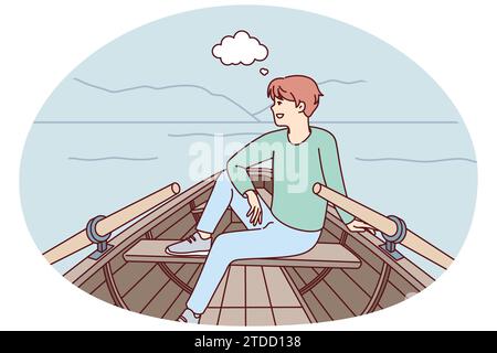 Un homme heureux s'assoit en bateau dans la nature, la pensée et l'imagination du paysage. Un homme souriant se détendre dans un bateau naviguant dans le fleuve rêvant et visualisant. Illustration vectorielle. Illustration de Vecteur