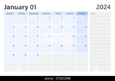 Les semaines du calendrier de raboteuse de bureau du 2024 janvier commencent le lundi dans un thème bleu clair et gris avec un espace de note mémo de ligne vide, un design vectoriel Illustration de Vecteur