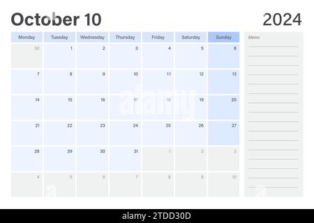 Les semaines du calendrier du rabot de bureau du 2024 octobre commencent le lundi dans un thème bleu clair et gris avec un espace de note mémo de ligne vide, un design vectoriel Illustration de Vecteur