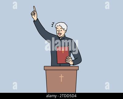 Prêtre avec des cris bibliques et debout derrière le podium avec le crucifix chrétien, parlant de châtiment pour les péchés. Prêtre lit expressivement le sermon ou conduit la messe religieuse pour les visiteurs de l'église Illustration de Vecteur